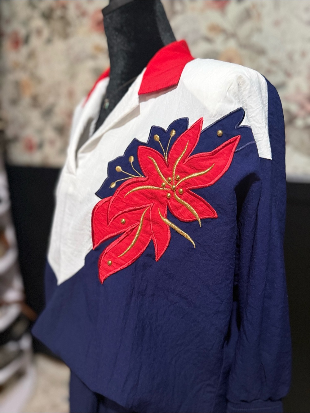Navy and White Tunic with Red Floral Appliqué